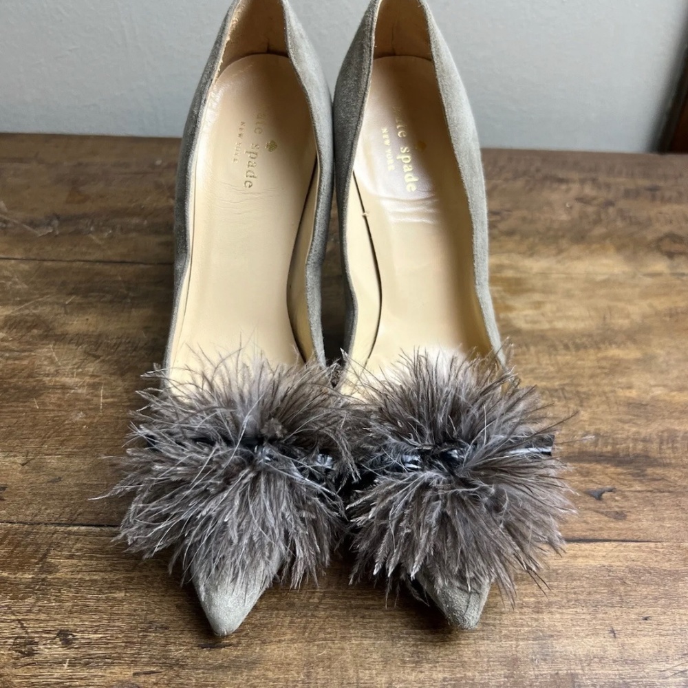 Kate Spade Shoes womens 8.5 Gray High heels suede feather pom wedding bridal
